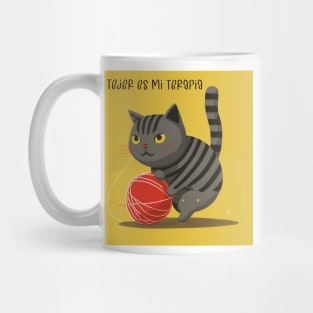 Knitting is my therapy - Drawing with kitten playing with ball Mug